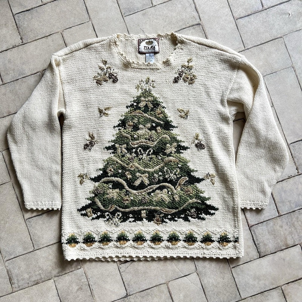 Vintage Tiara Intl Christmas Sweater Embroidered & Beaded Tree 90s Holiday 2000